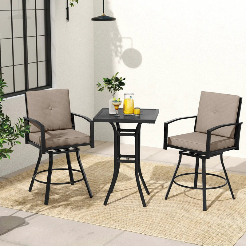 3 Pieces Patio Swivel Bar Set with Soft Cushions and Umbrella Hole-Brown by DirectDeals