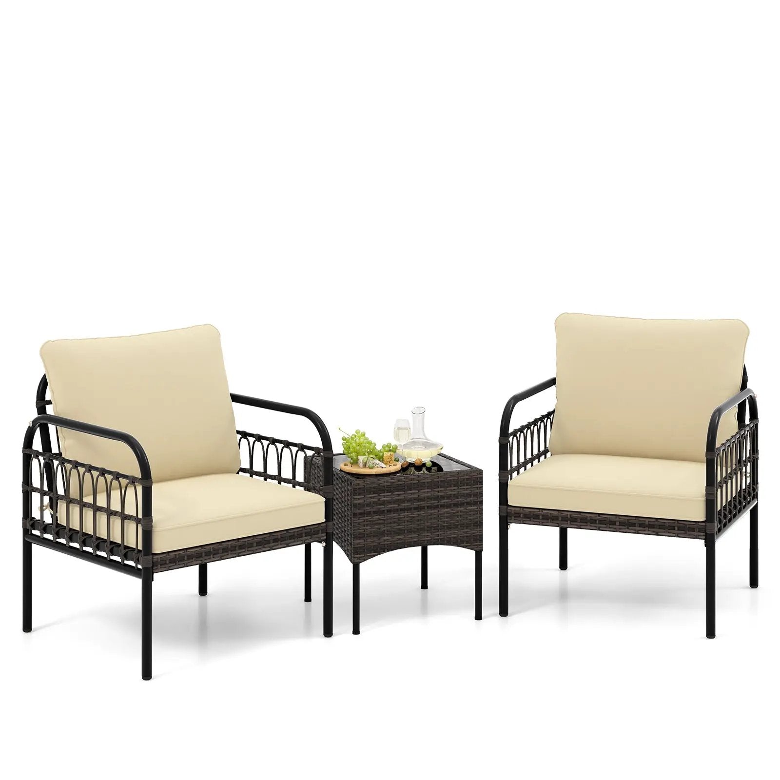 3 Pieces Patio Wicker Conversation Set with Cushions and Tempered Glass Coffee Table-Beige by DirectDeals