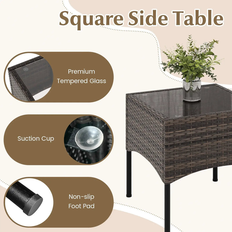 3 Pieces Patio Wicker Conversation Set with Cushions and Tempered Glass Coffee Table-Beige by DirectDeals