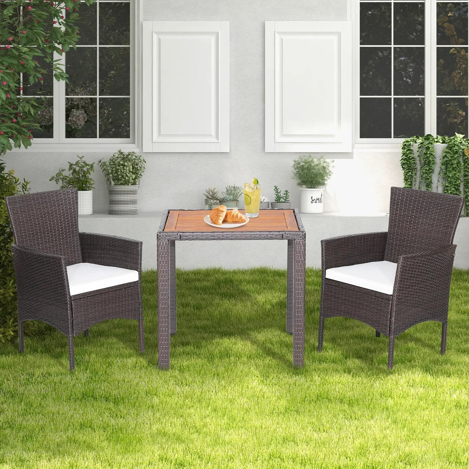 3 Pieces Patio Wicker Furniture Set wih Acacia Wood Table Top and Chair Cushiones by DirectDeals