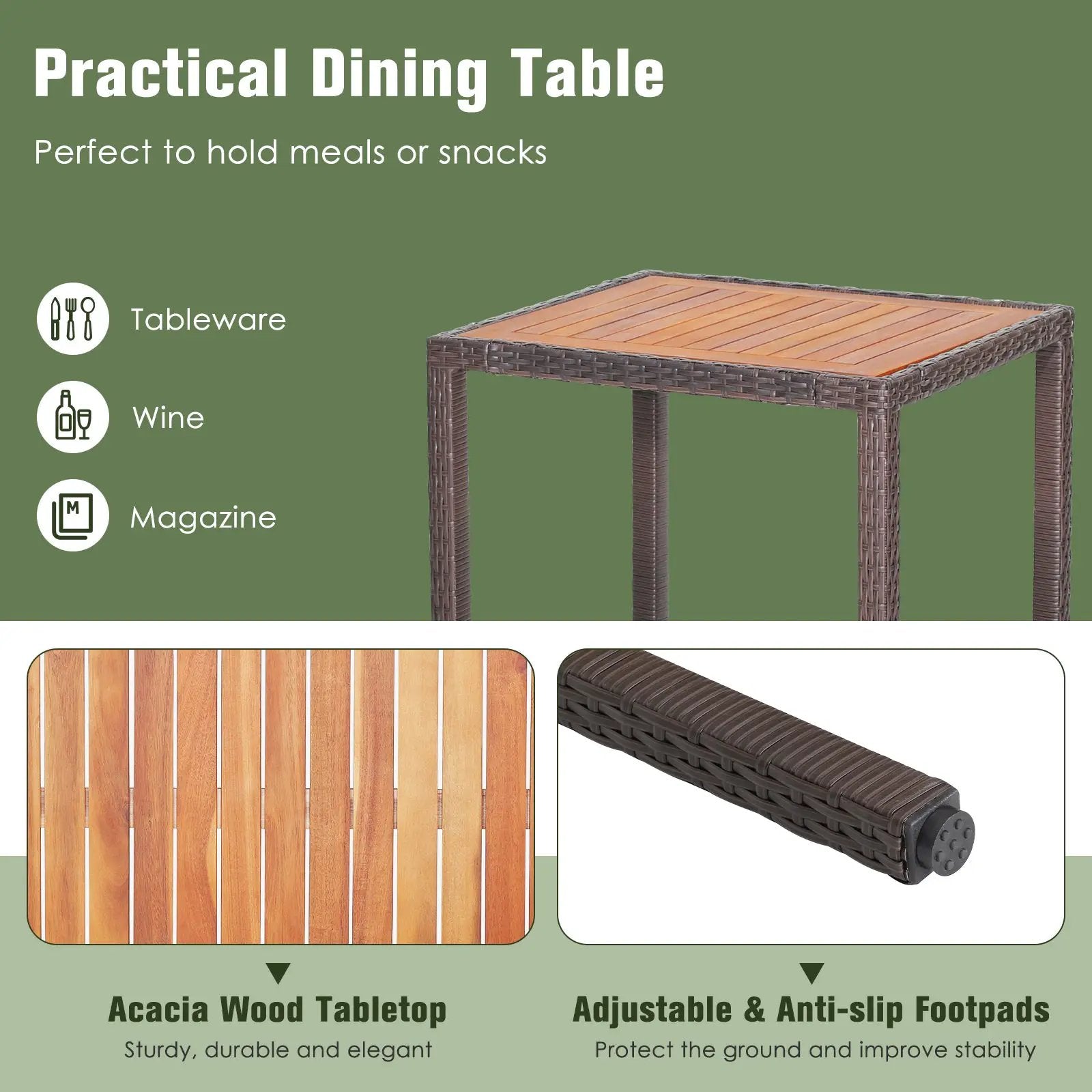 3 Pieces Patio Wicker Furniture Set wih Acacia Wood Table Top and Chair Cushiones by DirectDeals