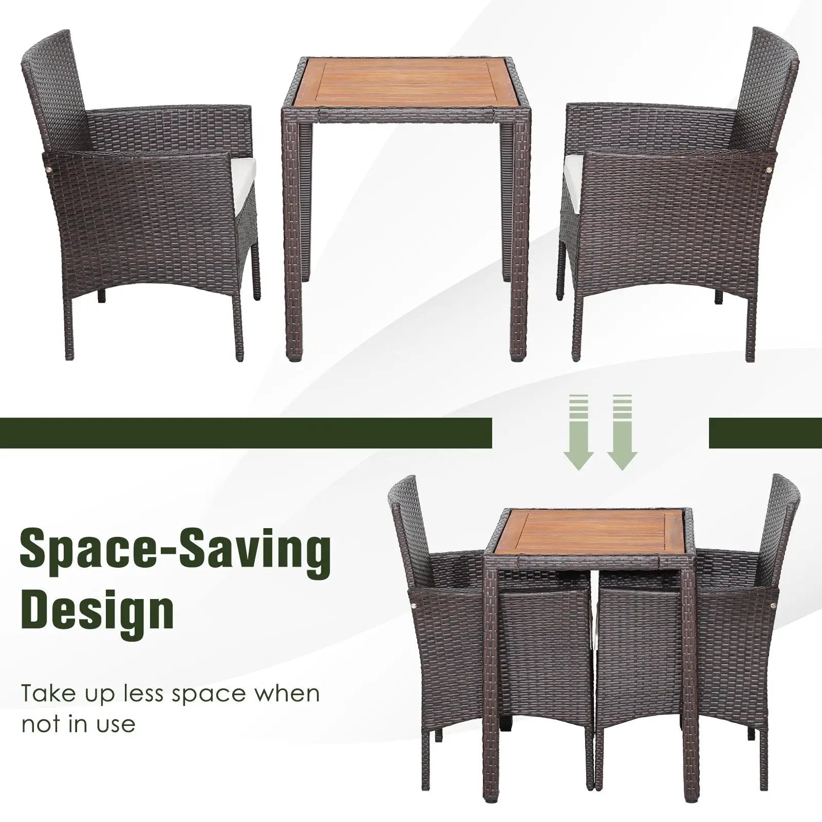 3 Pieces Patio Wicker Furniture Set wih Acacia Wood Table Top and Chair Cushiones by DirectDeals