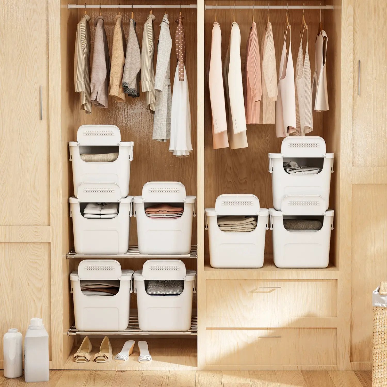 3 Pieces Plastic Storage Bins Stackable with Front Door and Side Handles-White by DirectDeals