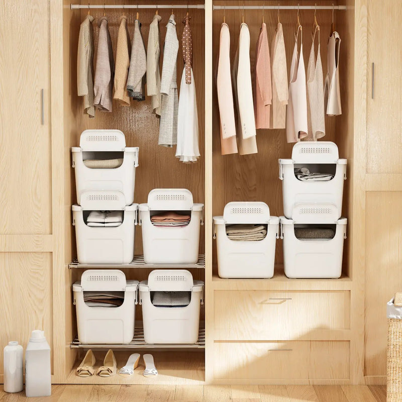3 Pieces Plastic Storage Bins Stackable with Front Door and Side Handles-White by DirectDeals
