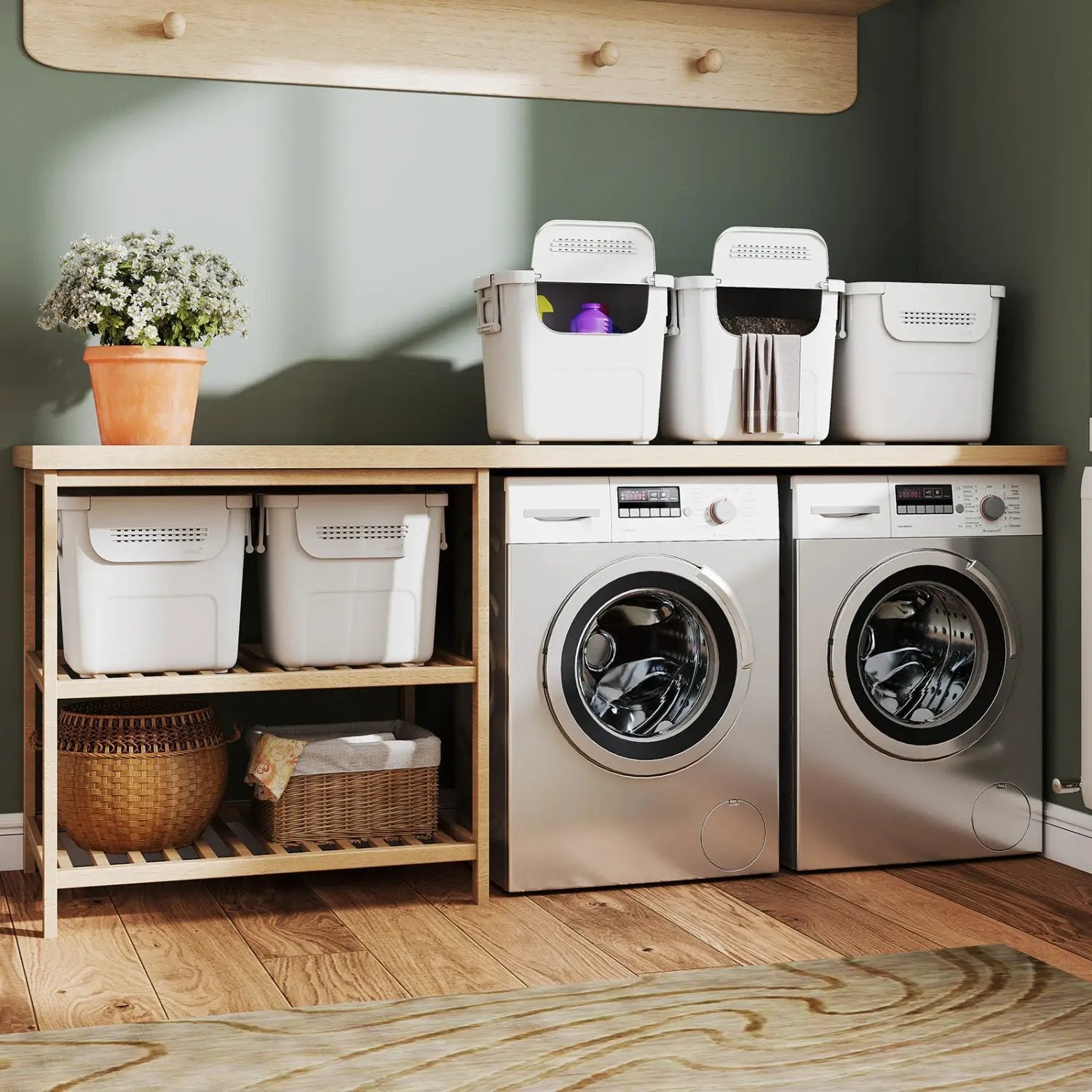 3 Pieces Plastic Storage Bins Stackable with Front Door and Side Handles-White by DirectDeals