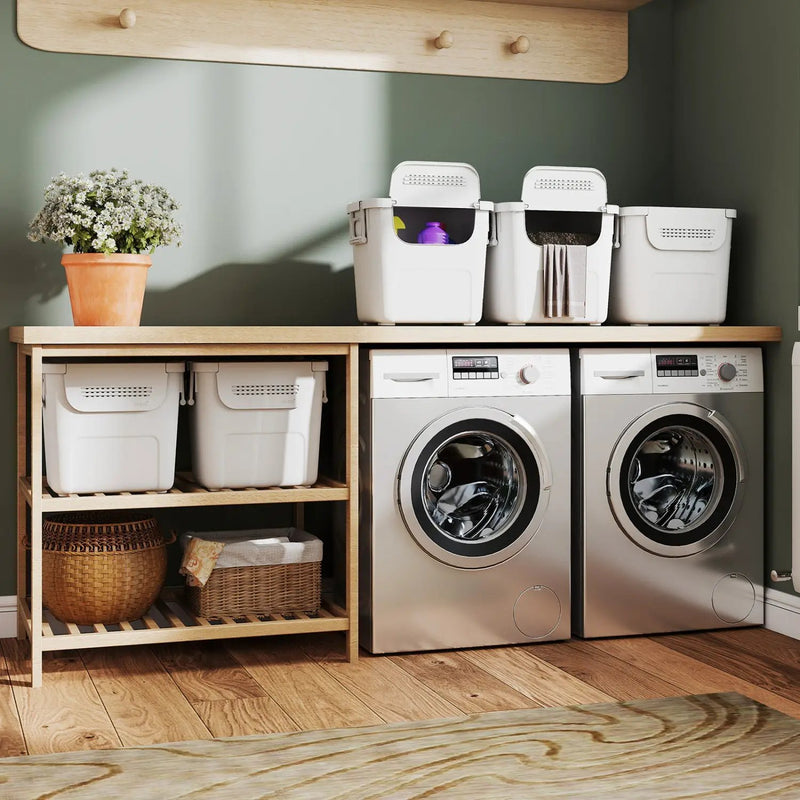 3 Pieces Plastic Storage Bins Stackable with Front Door and Side Handles-White by DirectDeals