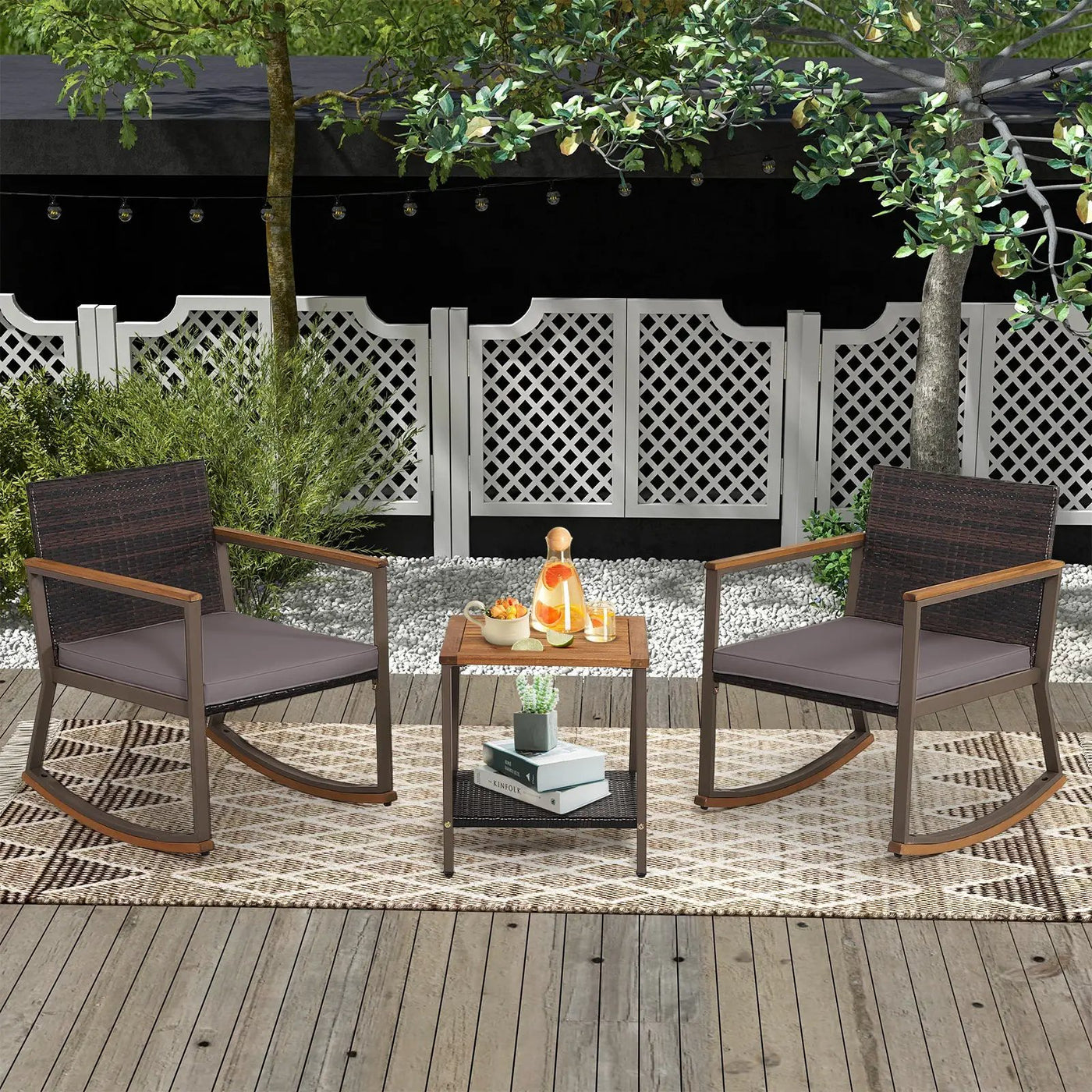 3 Pieces Rattan Rocking Bistro Set with Coffee Table and Cushions by DirectDeals