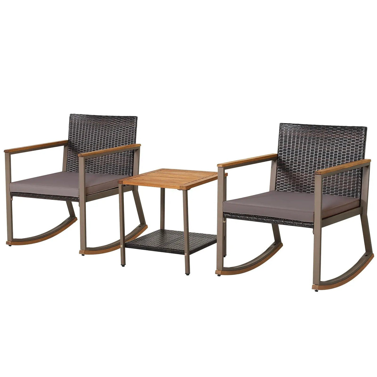 3 Pieces Rattan Rocking Bistro Set with Coffee Table and Cushions by DirectDeals