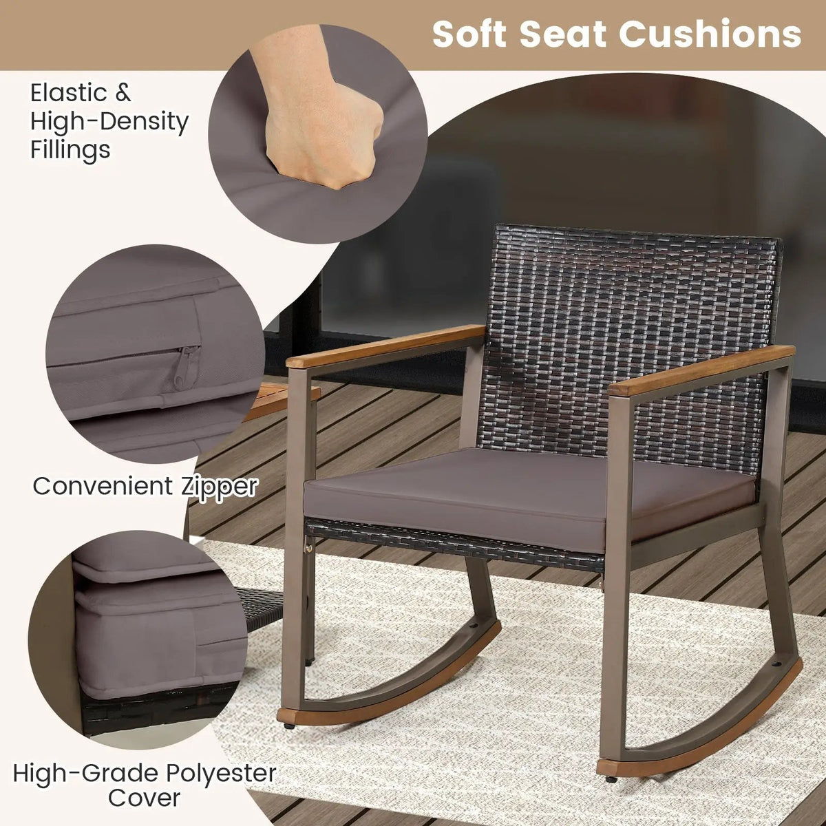 3 Pieces Rattan Rocking Bistro Set with Coffee Table and Cushions by DirectDeals
