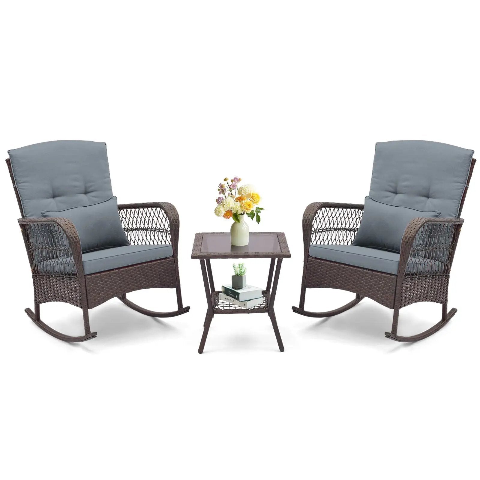 3 Pieces Rocking Bistro Set with 2-Tier Coffee Table by DirectDeals