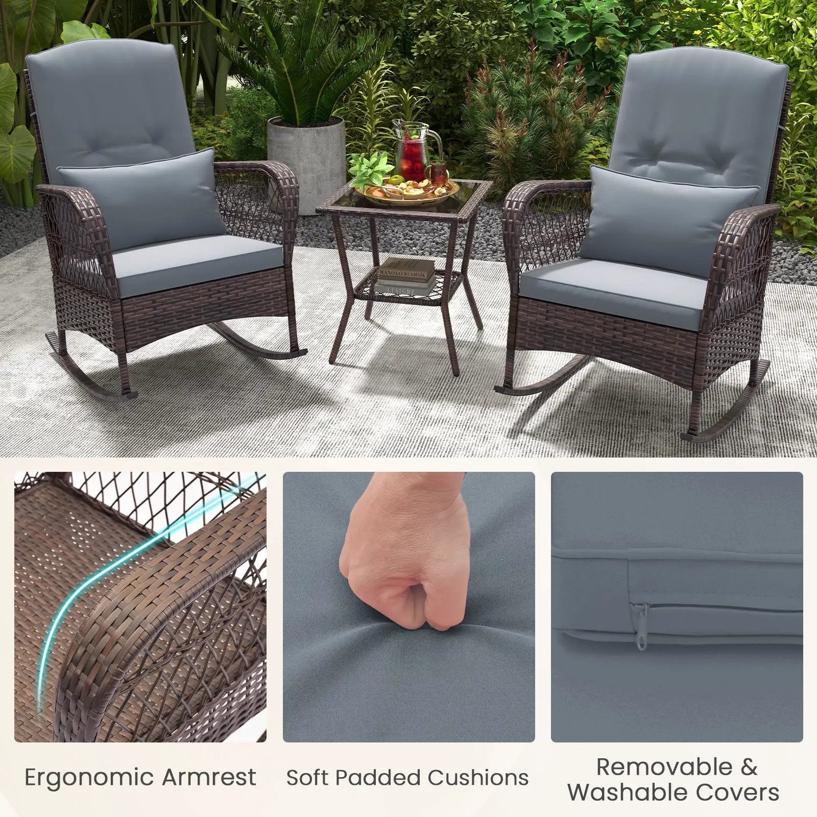 3 Pieces Rocking Bistro Set with 2-Tier Coffee Table by DirectDeals