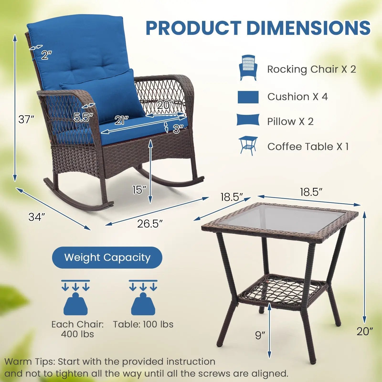 3 Pieces Rocking Bistro Set with 2-Tier Coffee Table by DirectDeals