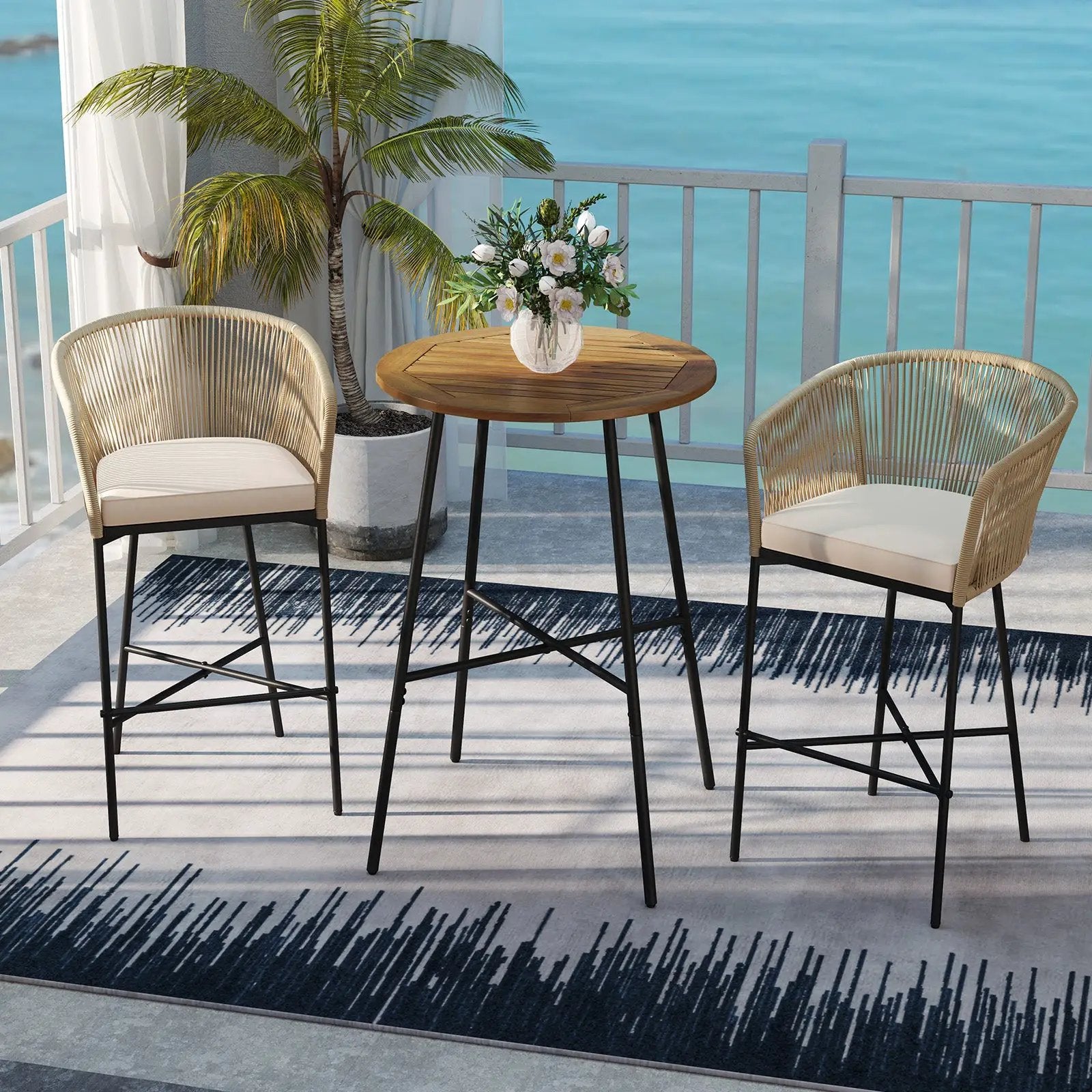 3 Pieces Rope Woven Patio Bar Set with Soft Cushions and Acacia Wood Tabletop-Beige by DirectDeals