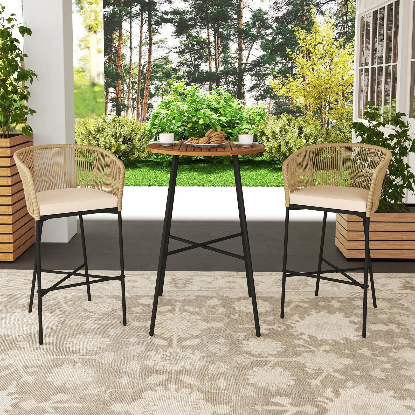 3 Pieces Rope Woven Patio Bar Set with Soft Cushions and Acacia Wood Tabletop-Beige by DirectDeals