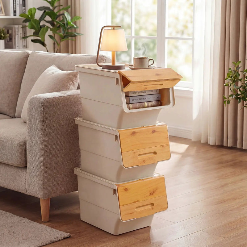 3 Pieces Storage Bins on Wheels Stackable Plastic Boxes with Stay-Open Lid (M) by DirectDeals