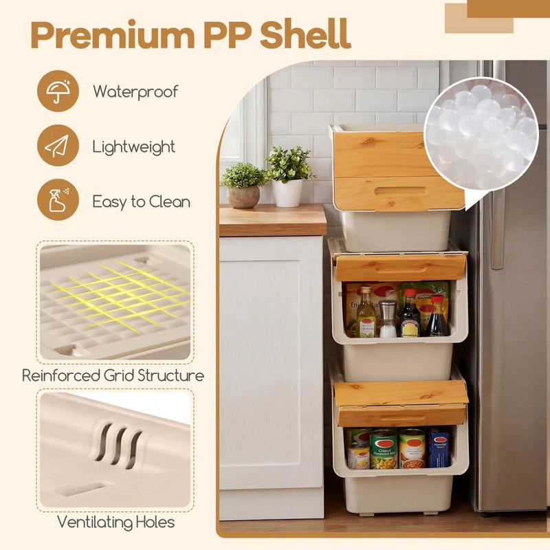 3 Pieces Storage Bins on Wheels Stackable Plastic Boxes with Stay-Open Lid (M) by DirectDeals