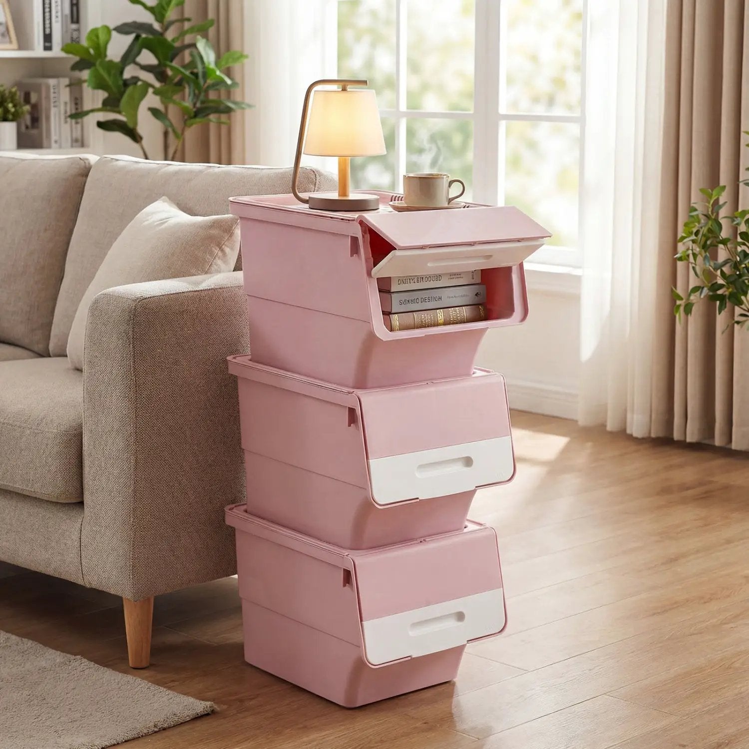 3 Pieces Storage Bins on Wheels Stackable Plastic Boxes with Stay-Open Lid (M) by DirectDeals
