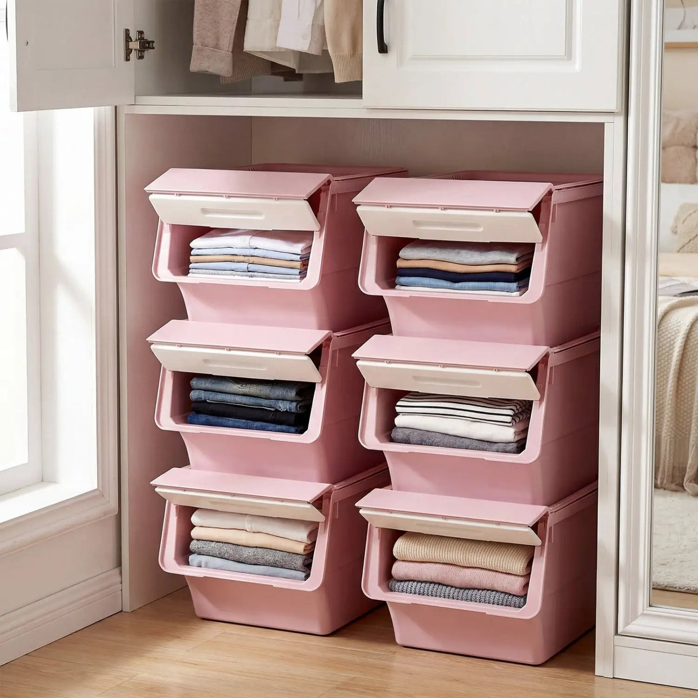 3 Pieces Storage Bins on Wheels Stackable Plastic Boxes with Stay-Open Lid (M) by DirectDeals