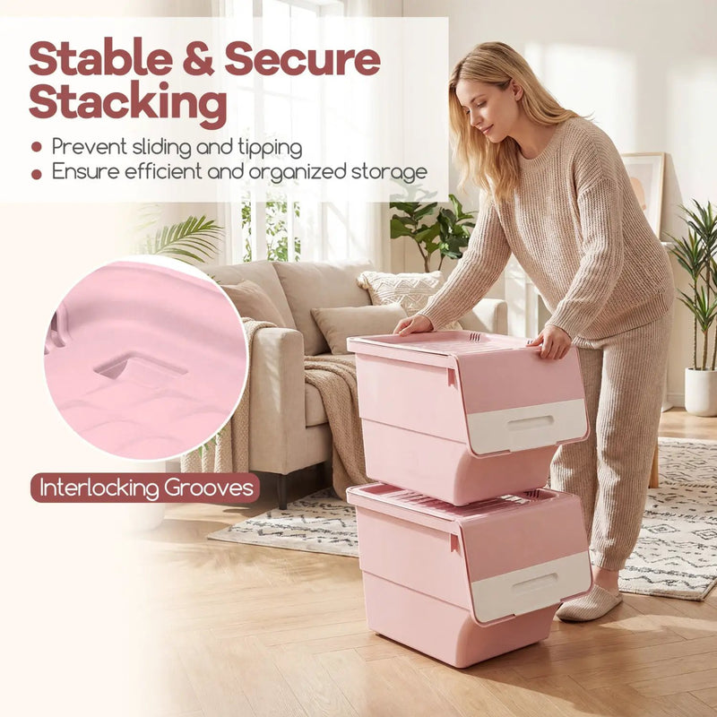 3 Pieces Storage Bins on Wheels Stackable Plastic Boxes with Stay-Open Lid (M) by DirectDeals