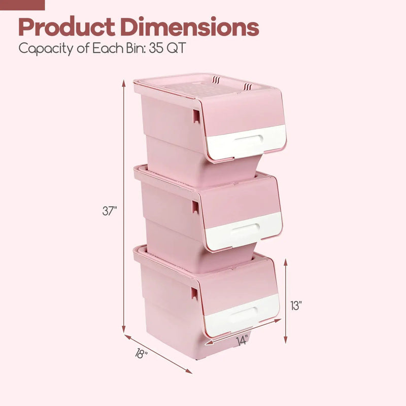 3 Pieces Storage Bins on Wheels Stackable Plastic Boxes with Stay-Open Lid (M) by DirectDeals