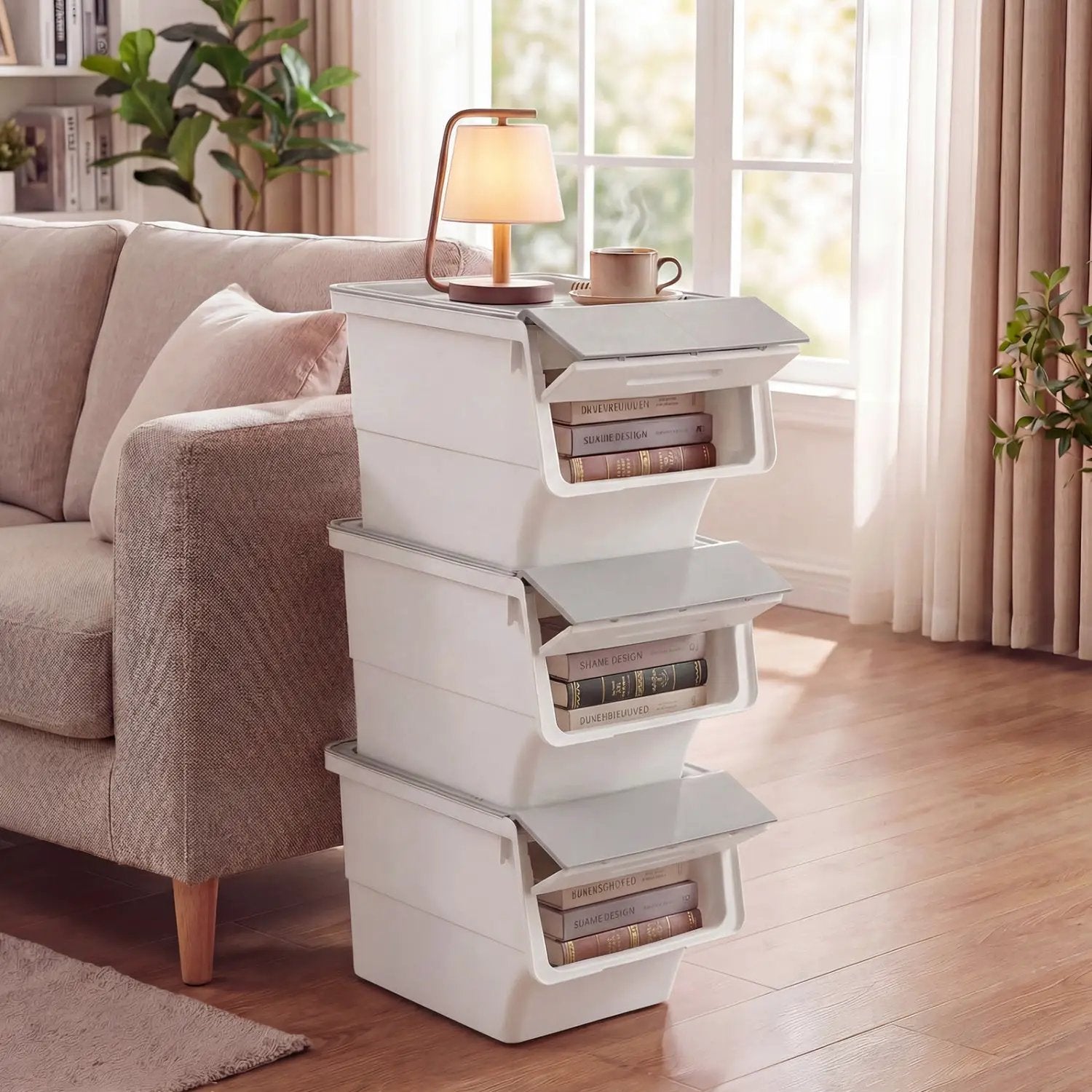 3 Pieces Storage Bins on Wheels Stackable Plastic Boxes with Stay-Open Lid (M) by DirectDeals
