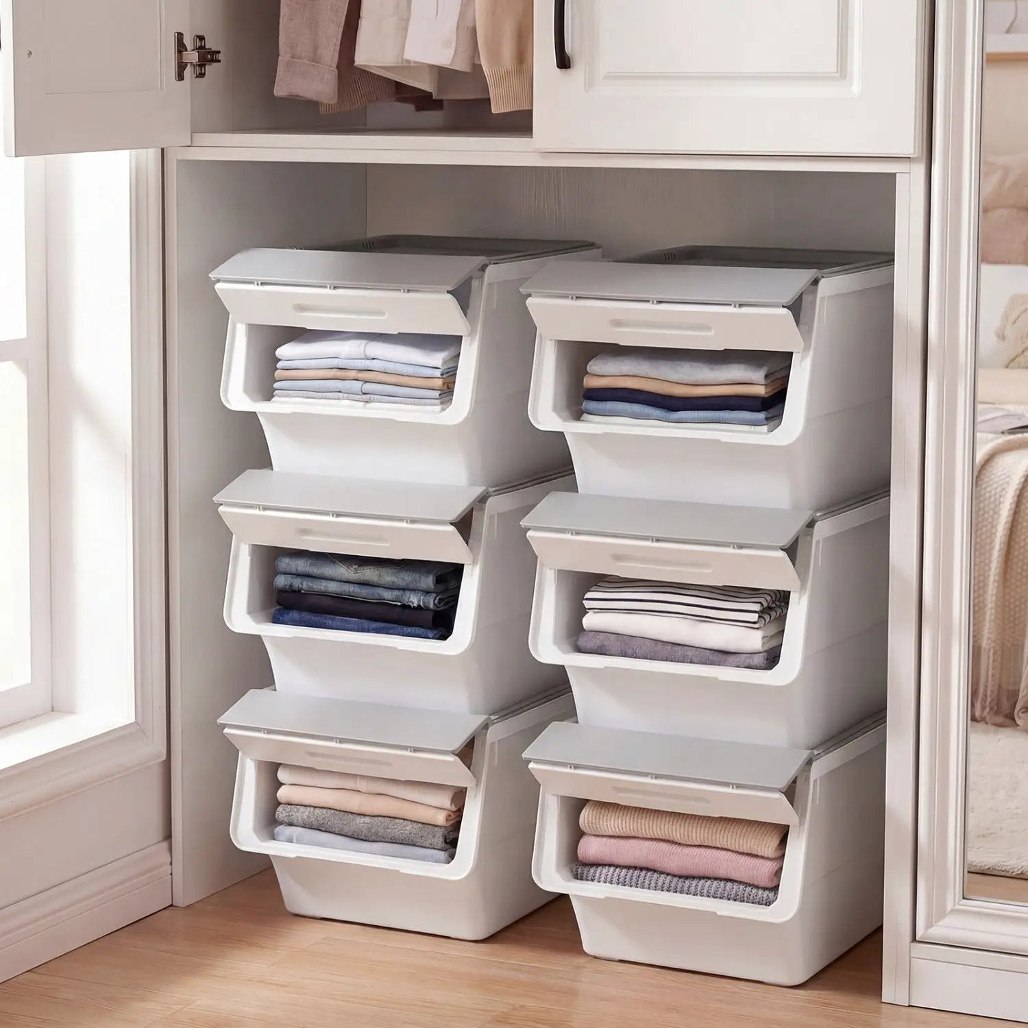 3 Pieces Storage Bins on Wheels Stackable Plastic Boxes with Stay-Open Lid (M) by DirectDeals