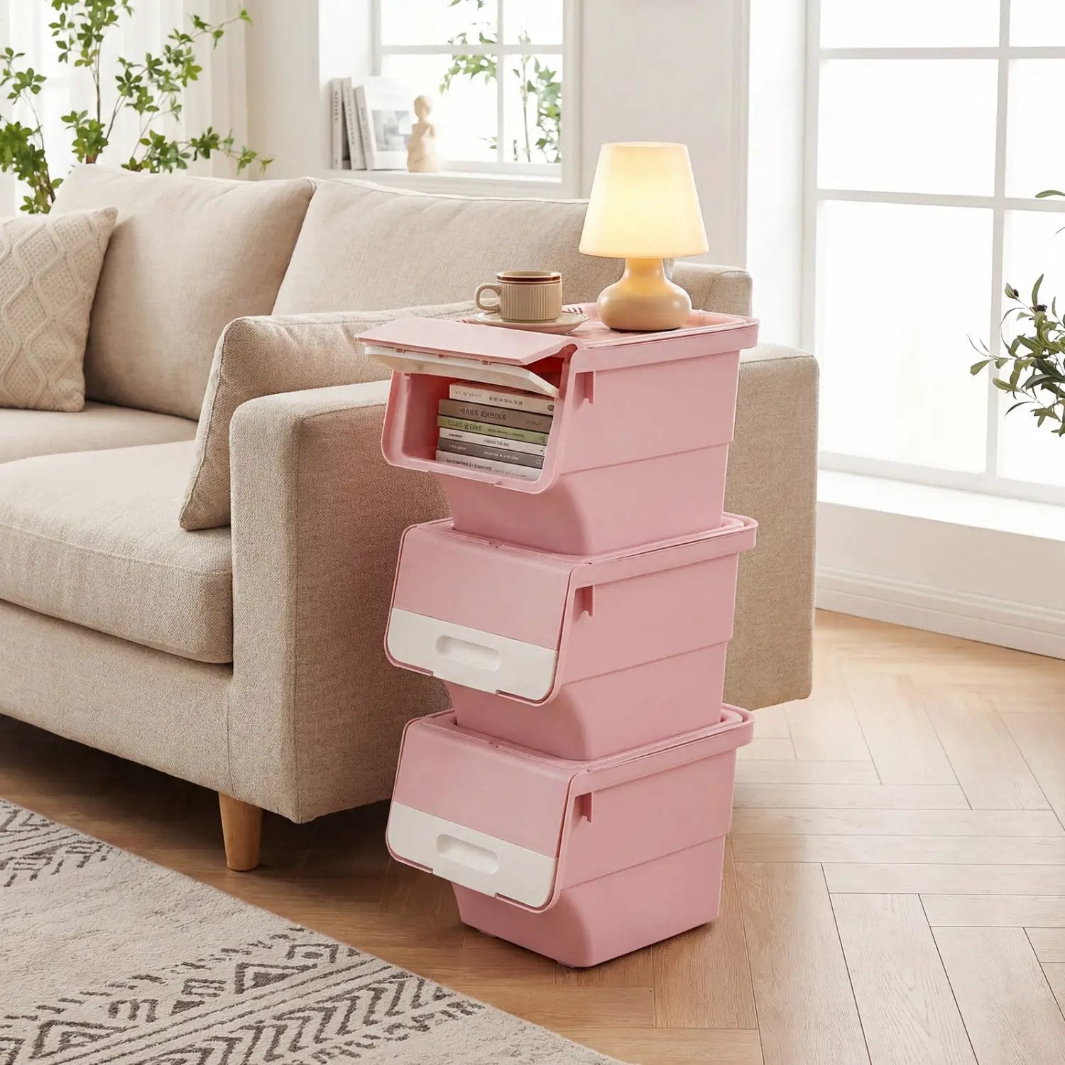 3 Pieces Storage Bins on Wheels Stackable Plastic Boxes with Stay-Open Lid (S) by DirectDeals