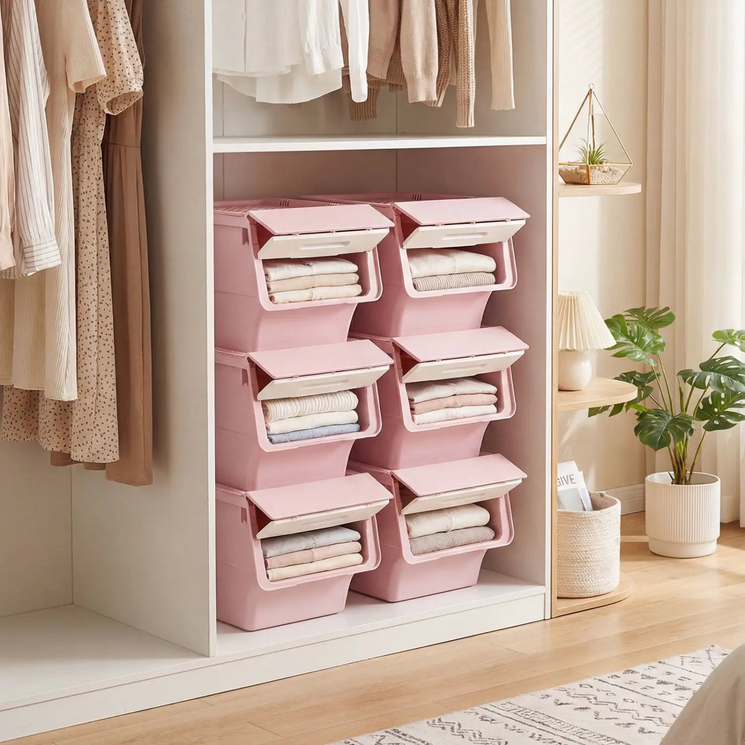 3 Pieces Storage Bins on Wheels Stackable Plastic Boxes with Stay-Open Lid (S) by DirectDeals