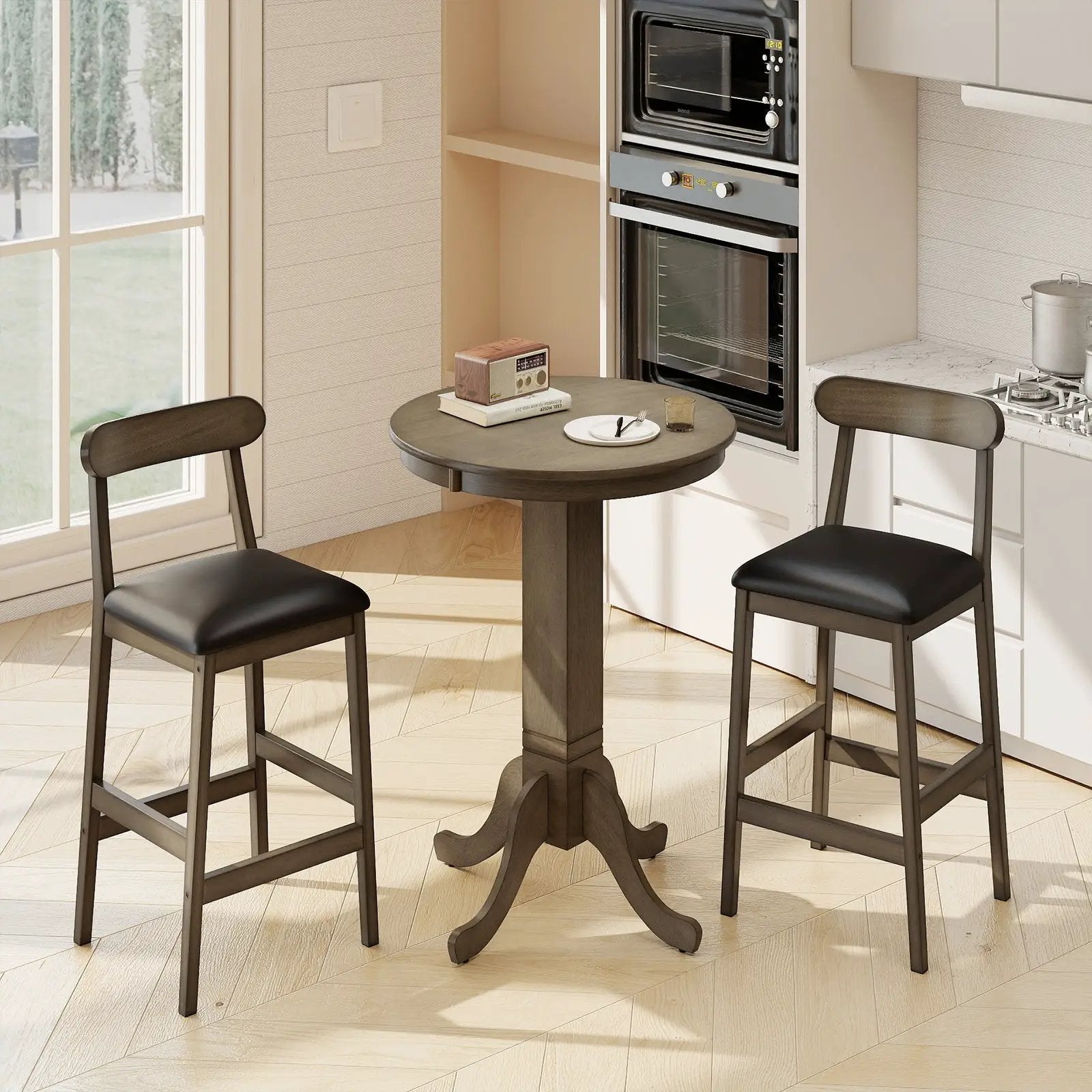 3 Pieces Wood Bar Table Set for 2 Round Pub Table with Pedestal Base and 2 Armless Stools by DirectDeals