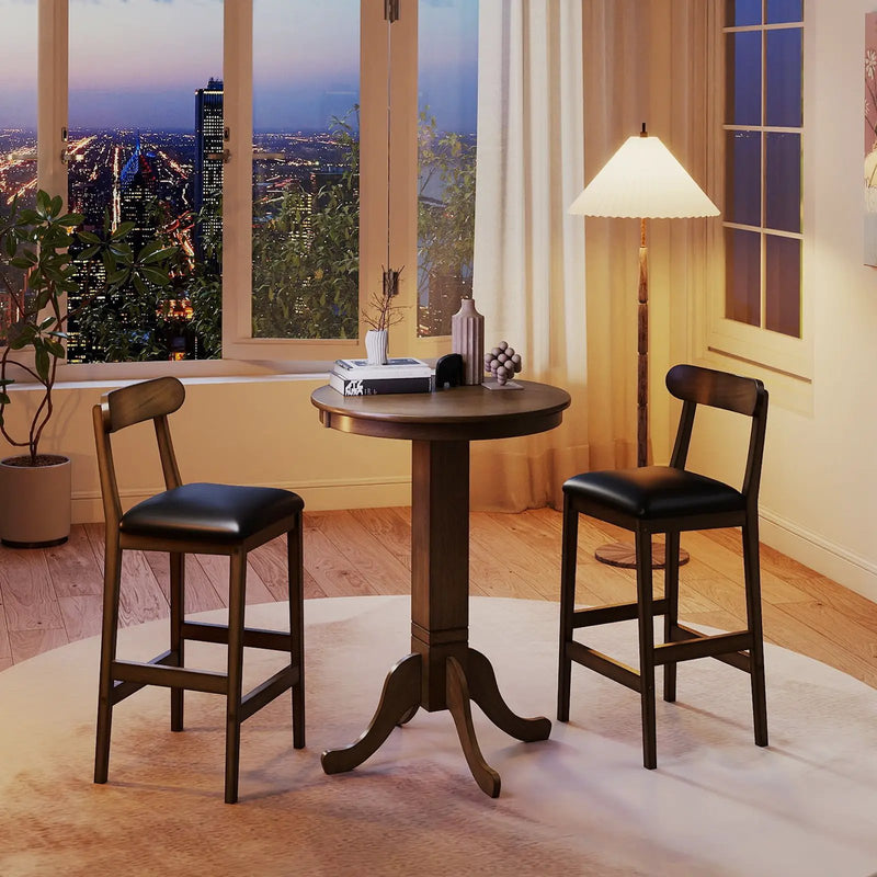 3 Pieces Wood Bar Table Set for 2 Round Pub Table with Pedestal Base and 2 Armless Stools by DirectDeals
