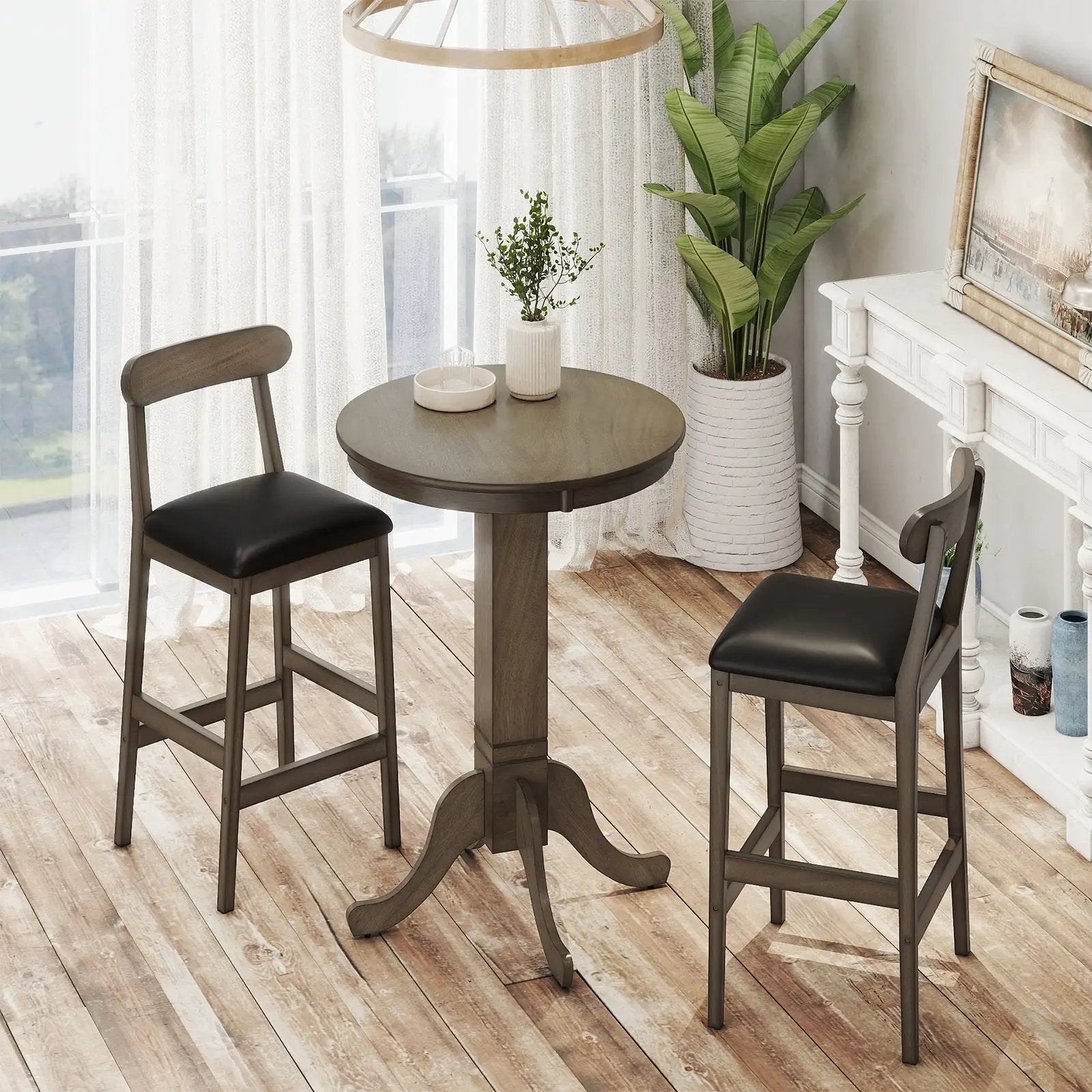 3 Pieces Wood Bar Table Set for 2 Round Pub Table with Pedestal Base and 2 Armless Stools by DirectDeals