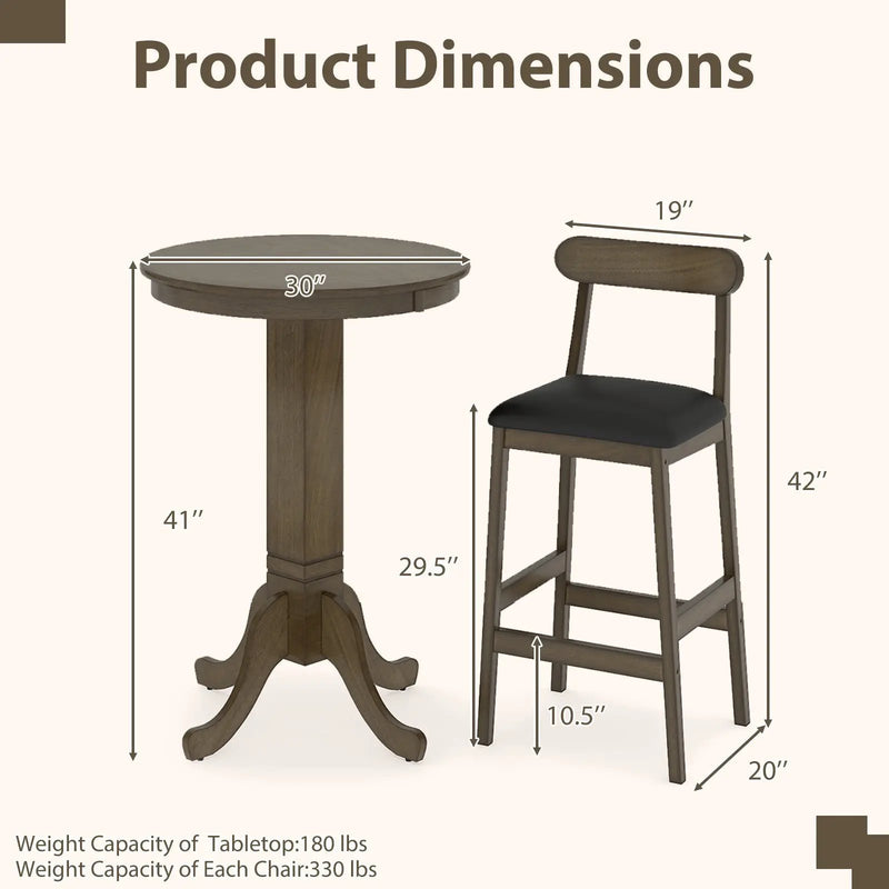 3 Pieces Wood Bar Table Set for 2 Round Pub Table with Pedestal Base and 2 Armless Stools by DirectDeals