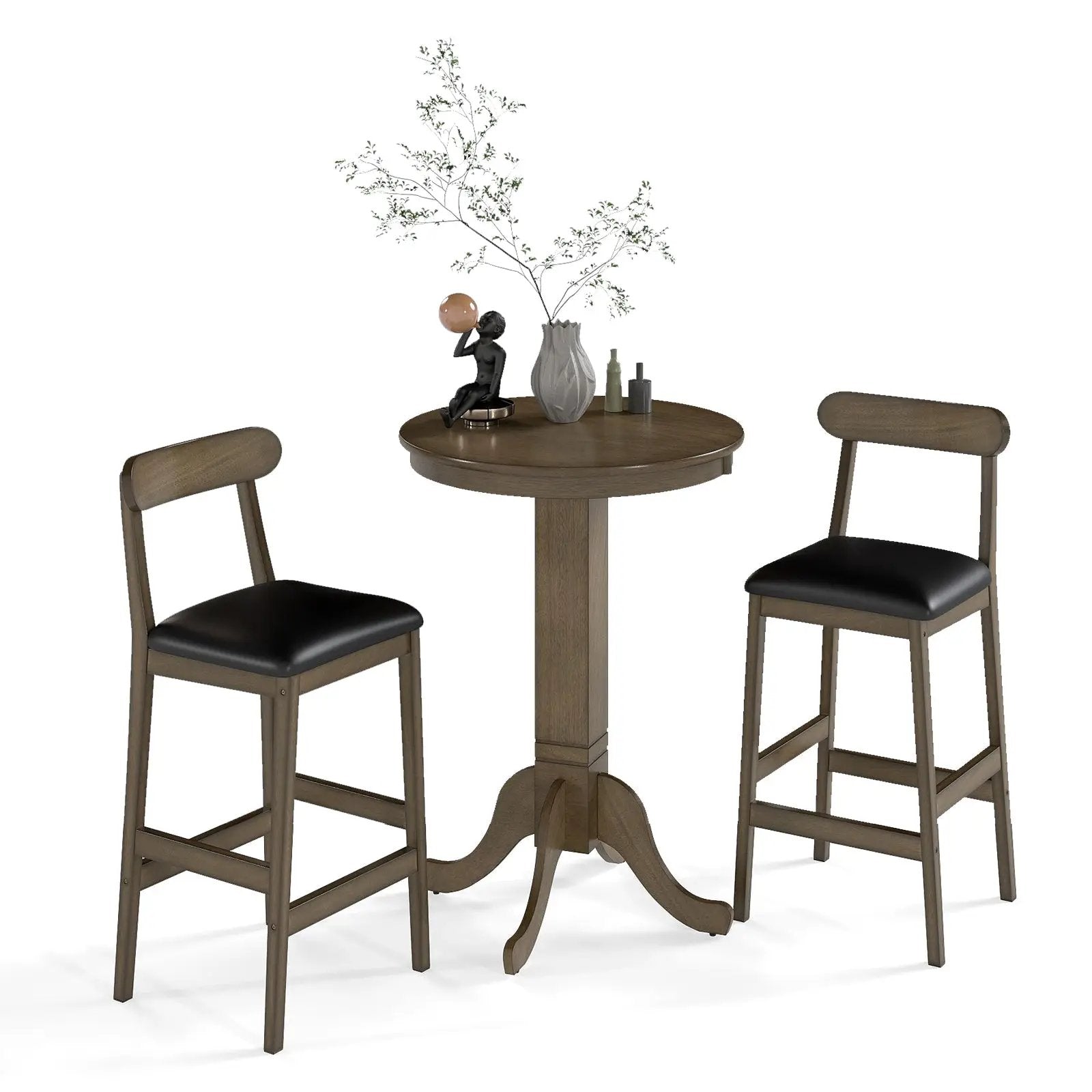 3 Pieces Wood Bar Table Set for 2 Round Pub Table with Pedestal Base and 2 Armless Stools by DirectDeals