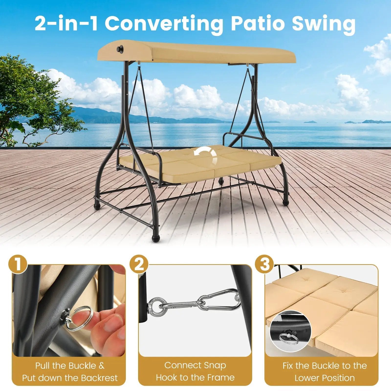 3 Seat Outdoor Porch Swing with Adjustable Canopy by DirectDeals