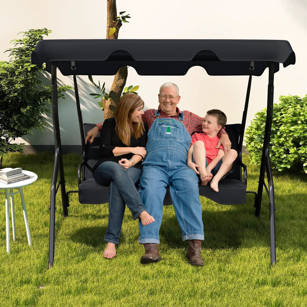 3 Seat Outdoor Patio Canopy Swing with Cushioned Steel Frame-Blue by DirectDeals