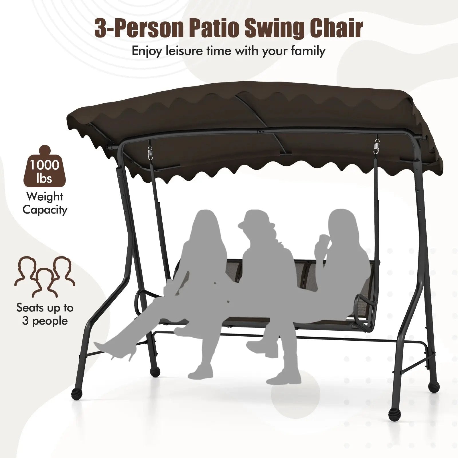 3-Seat Outdoor Porch Canopy Swing with Adjustable Shading by DirectDeals