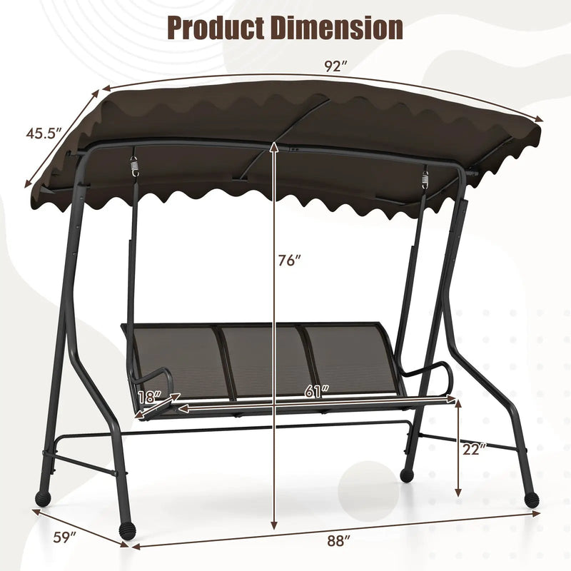 3-Seat Outdoor Porch Canopy Swing with Adjustable Shading by DirectDeals