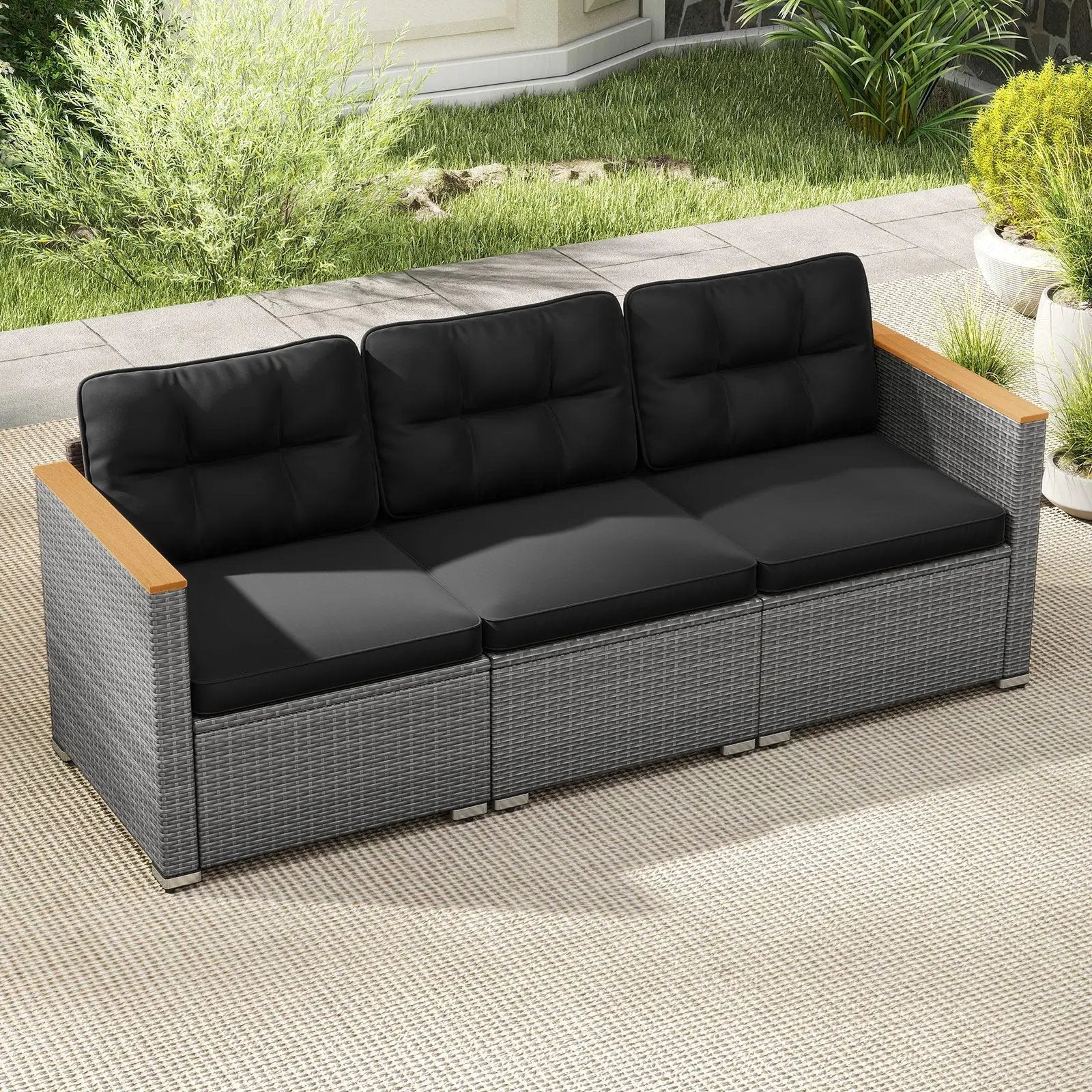 3-Seat Patio Couch Sofa PE Rattan Loveseat Furniture Set with Deep Seating and Cushion-Mix Grey by DirectDeals
