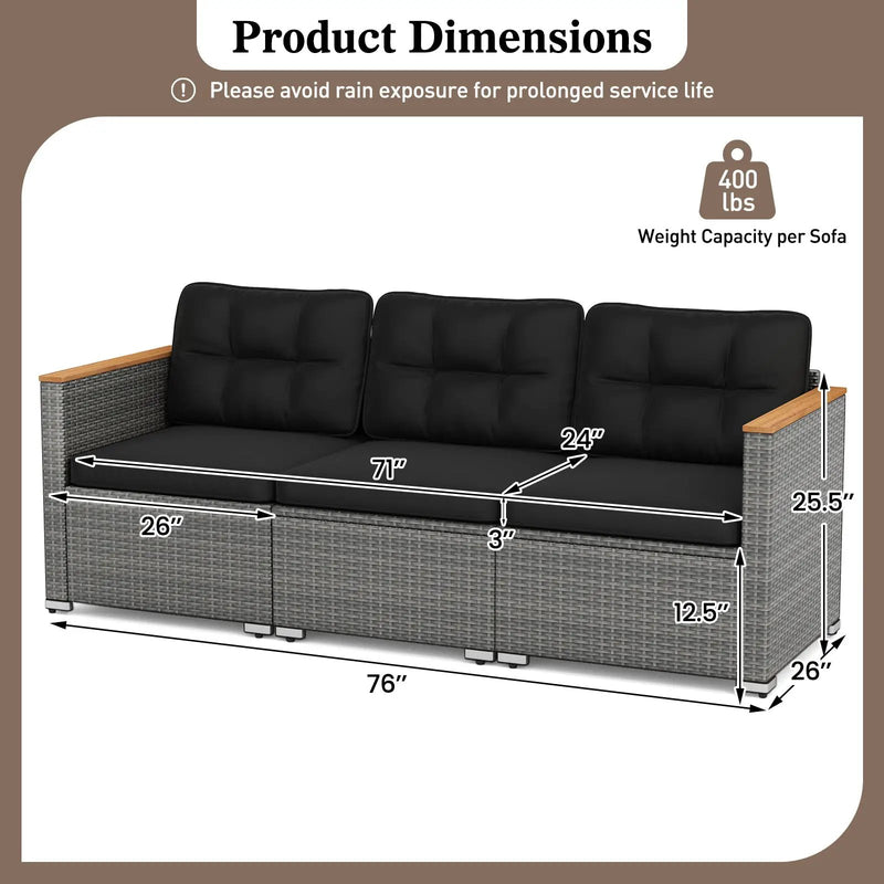 3-Seat Patio Couch Sofa PE Rattan Loveseat Furniture Set with Deep Seating and Cushion-Mix Grey by DirectDeals