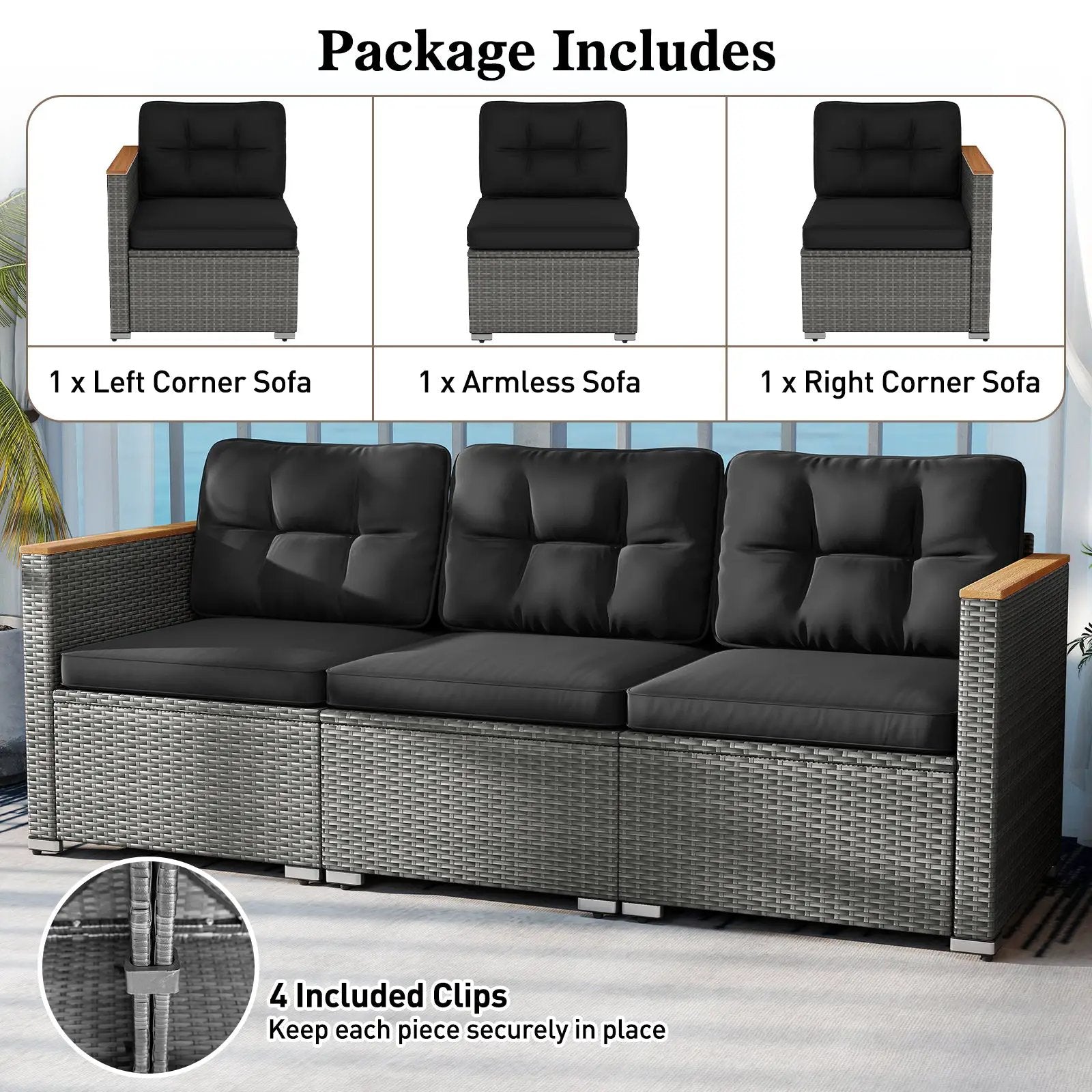 3-Seat Patio Couch Sofa PE Rattan Loveseat Furniture Set with Deep Seating and Cushion-Mix Grey by DirectDeals