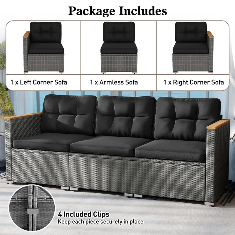 3-Seat Patio Couch Sofa PE Rattan Loveseat Furniture Set with Deep Seating and Cushion-Mix Grey by DirectDeals