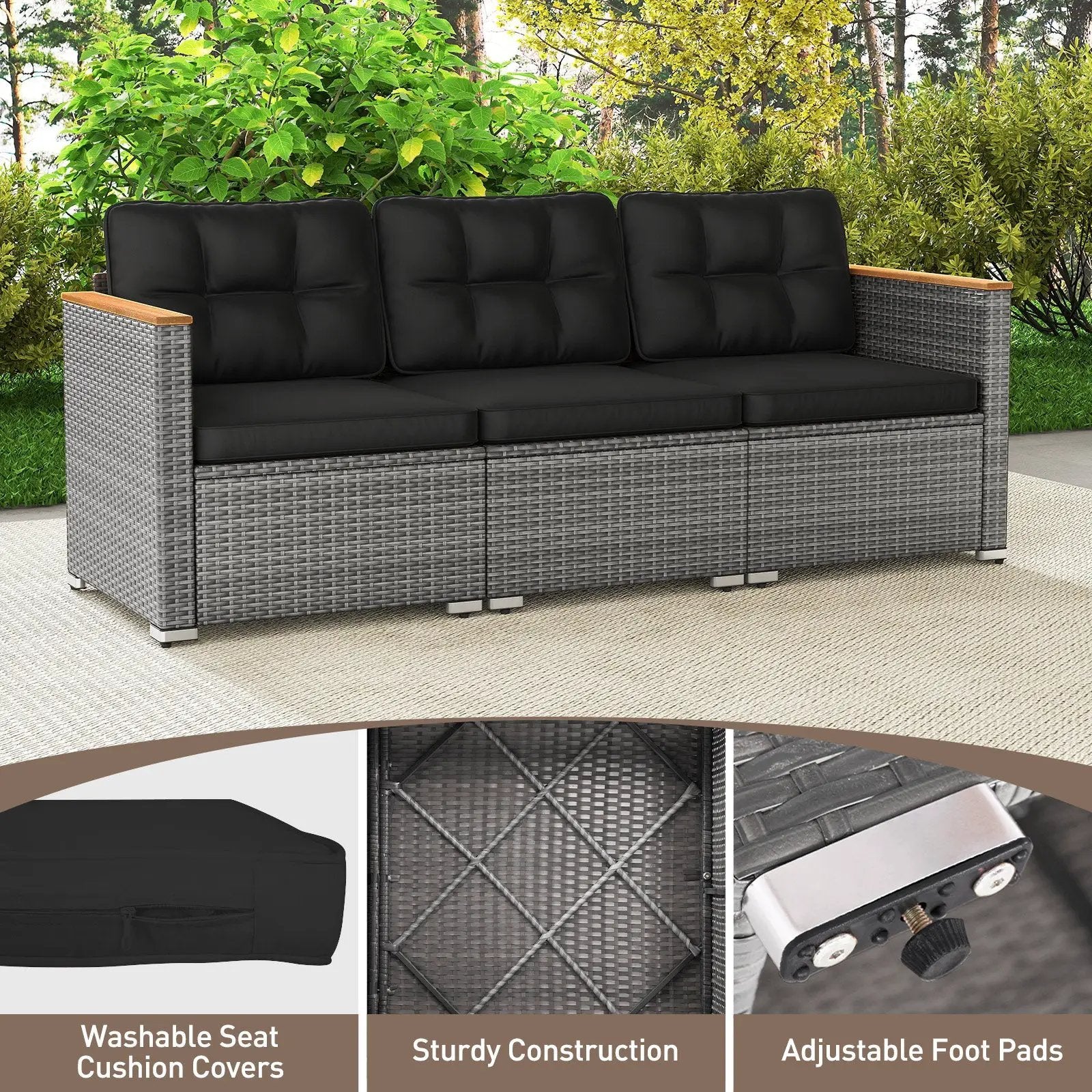 3-Seat Patio Couch Sofa PE Rattan Loveseat Furniture Set with Deep Seating and Cushion-Mix Grey by DirectDeals