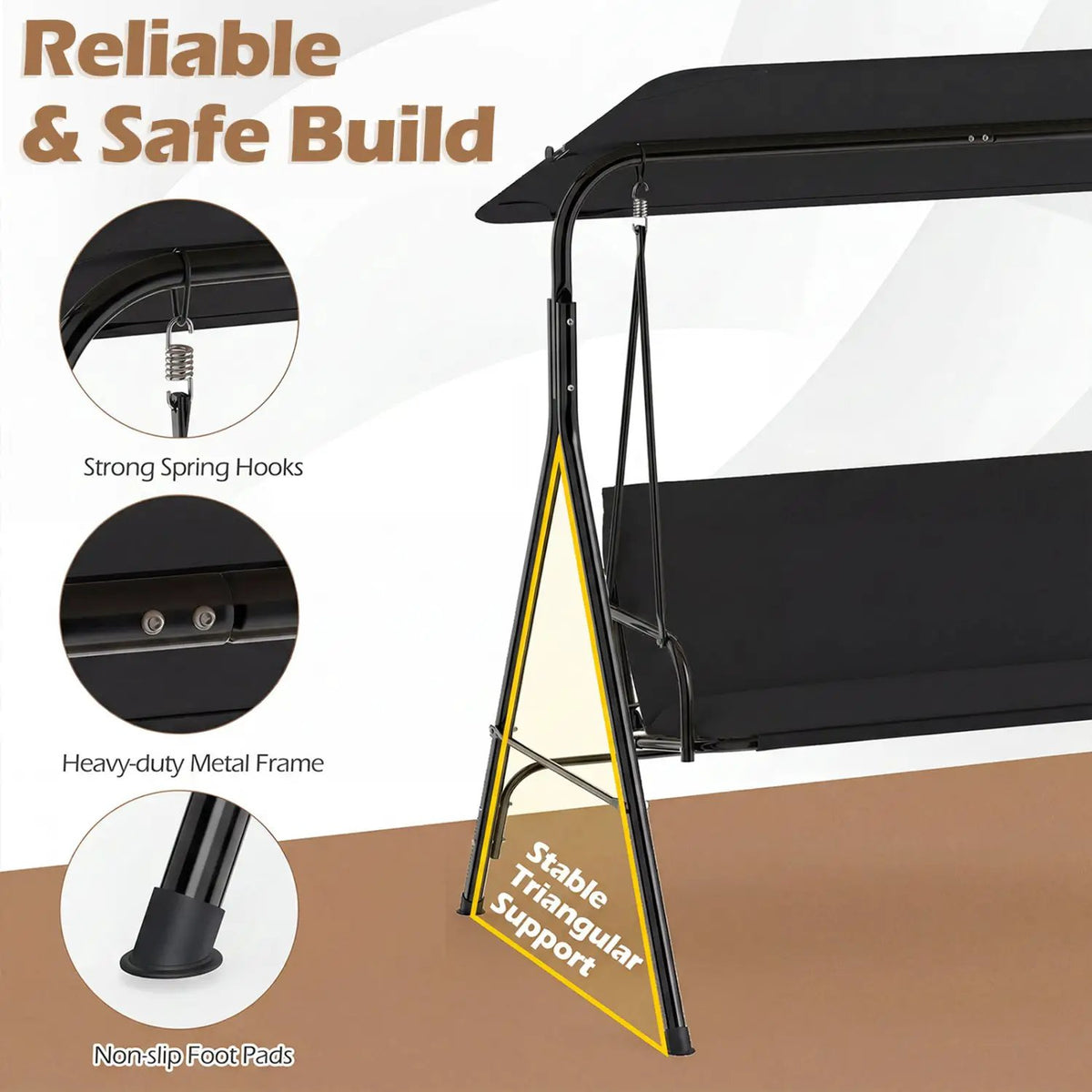 3-Seat Patio Swing Chair with Adjustable Canopy by DirectDeals