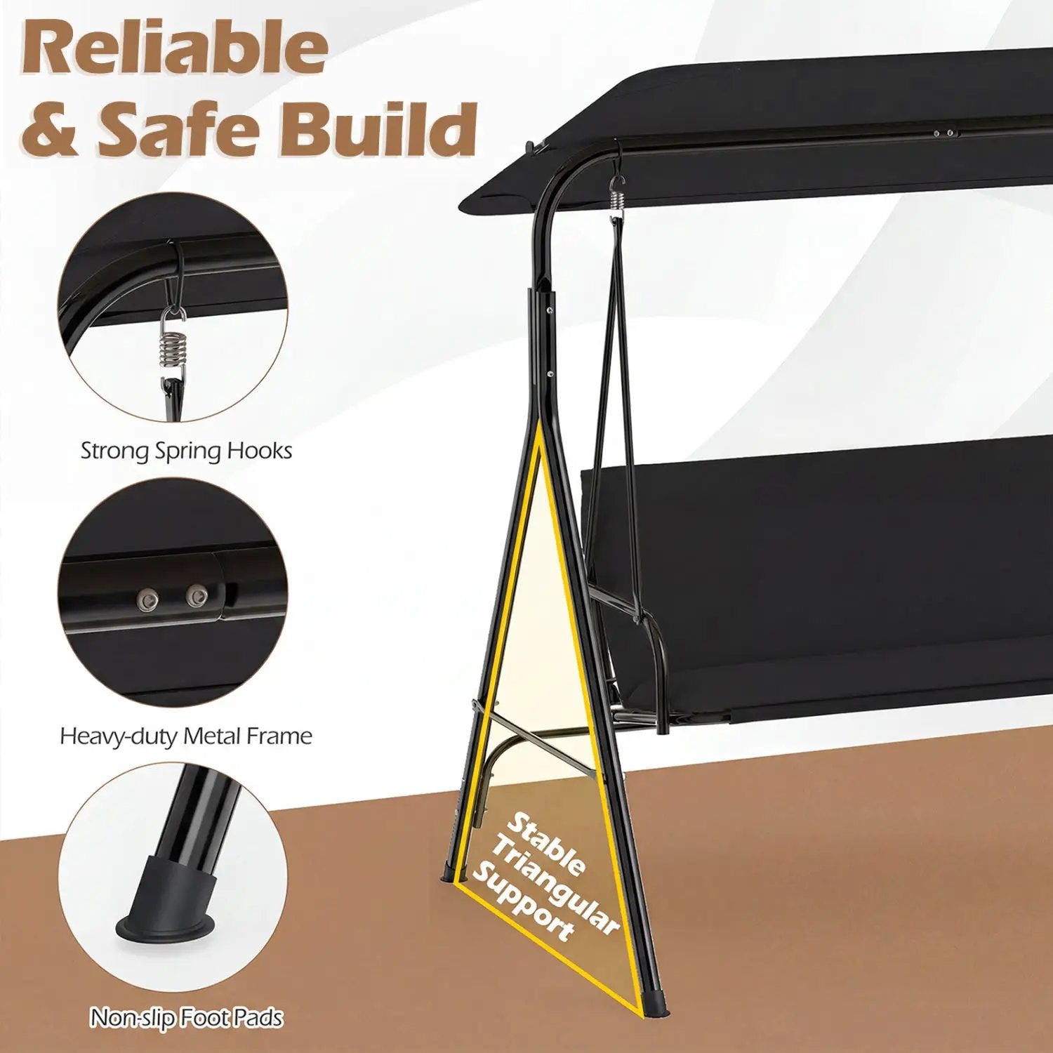 3-Seat Patio Swing Chair with Adjustable Canopy by DirectDeals