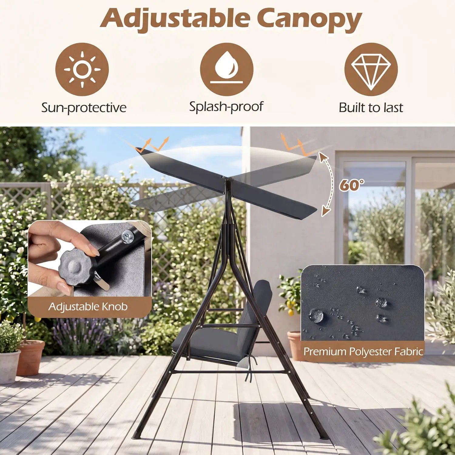 3-Seat Patio Swing Chair with Adjustable Canopy by DirectDeals