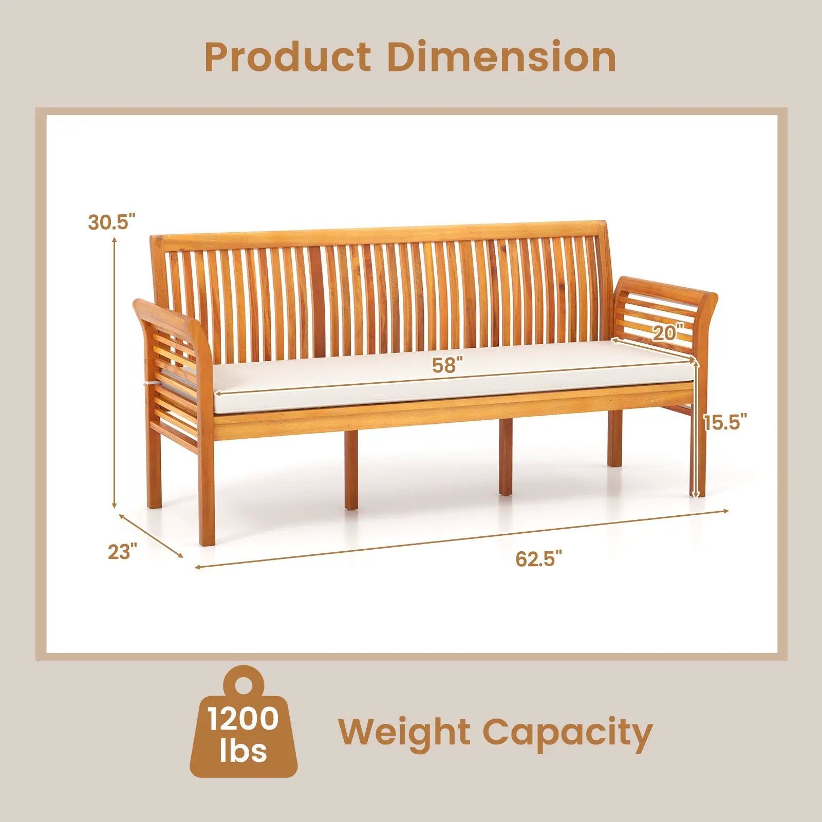 62.5 Inches Patio 3-Seat Wood Bench with Soft Seat Cushions-White by DirectDeals