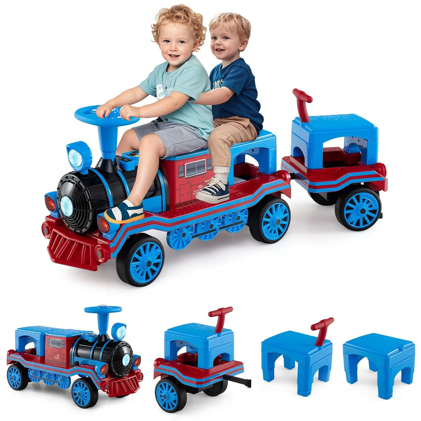 3-Seater Trackless Ride on Train Set 12V Ride on Toy Car with 2 Removable Chairs by DirectDeals