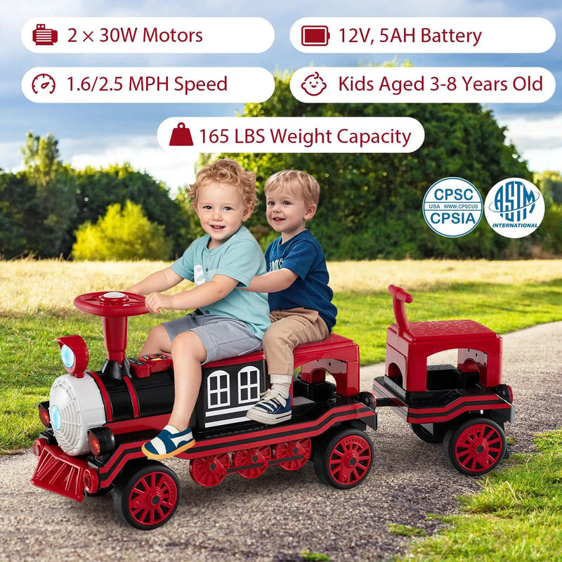 3-Seater Trackless Ride on Train Set 12V Ride on Toy Car with 2 Removable Chairs by DirectDeals