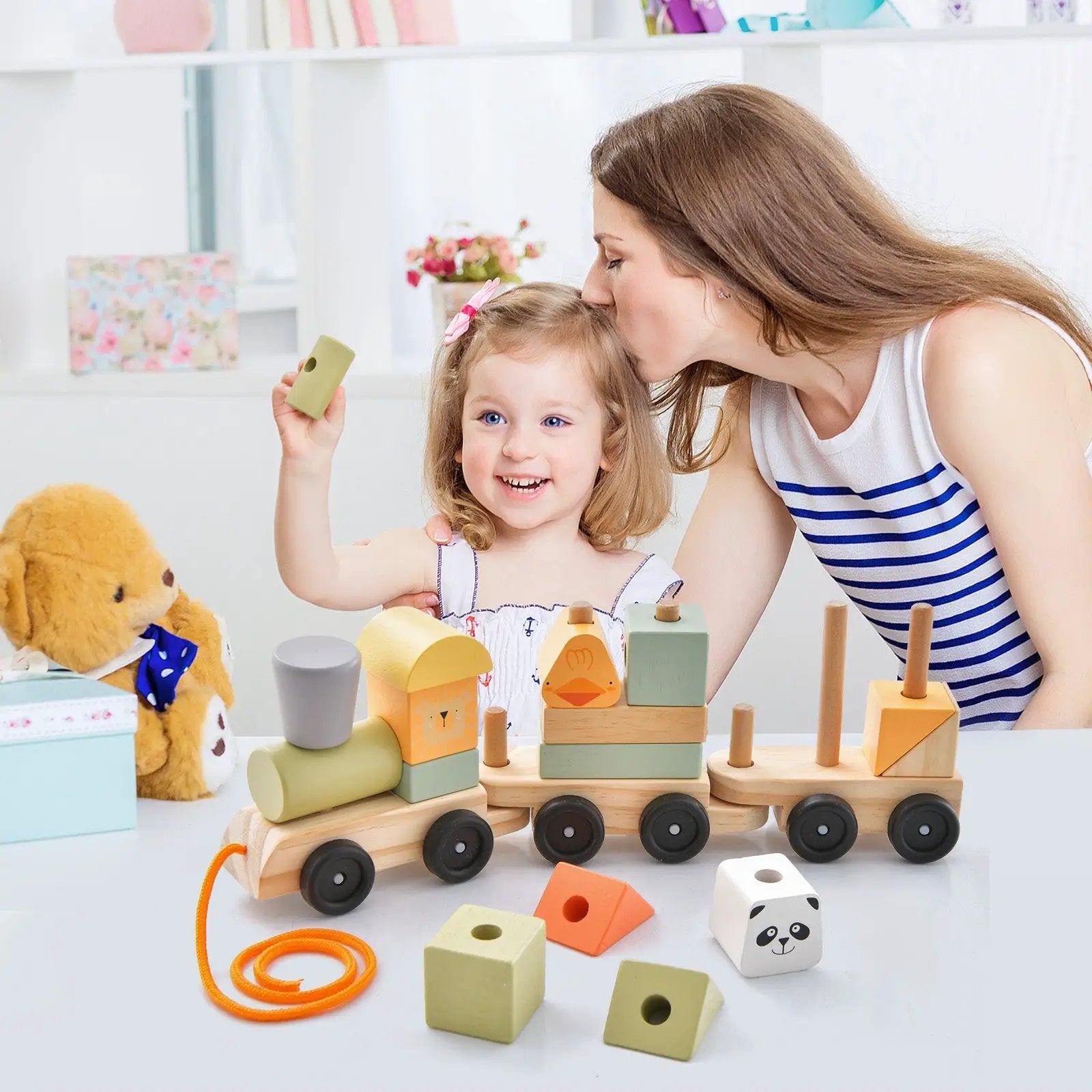 3-Section Toy Wooden Train Set with Stackable Building Blocks by DirectDeals