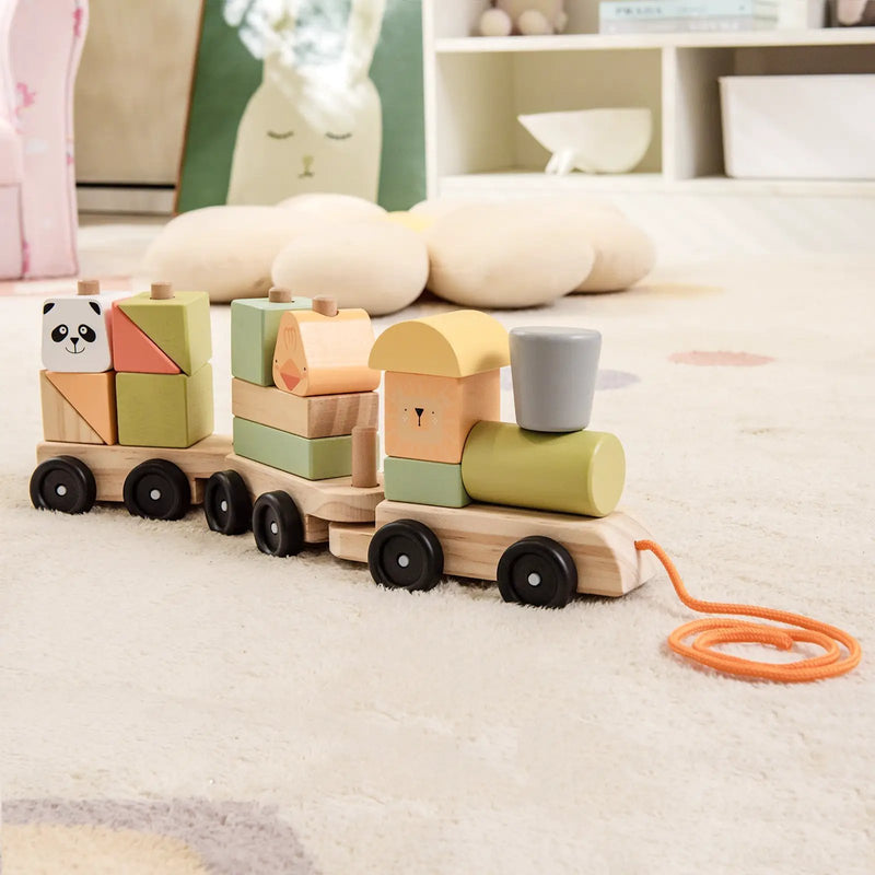 3-Section Toy Wooden Train Set with Stackable Building Blocks by DirectDeals